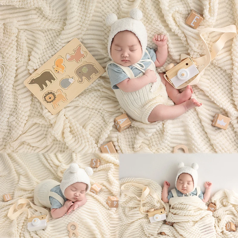 KD Ins Baby Photography Clothing Cute Bear Theme Newborn Photo Props Fun Building Block Shoot Decoration Soft Background Blanket