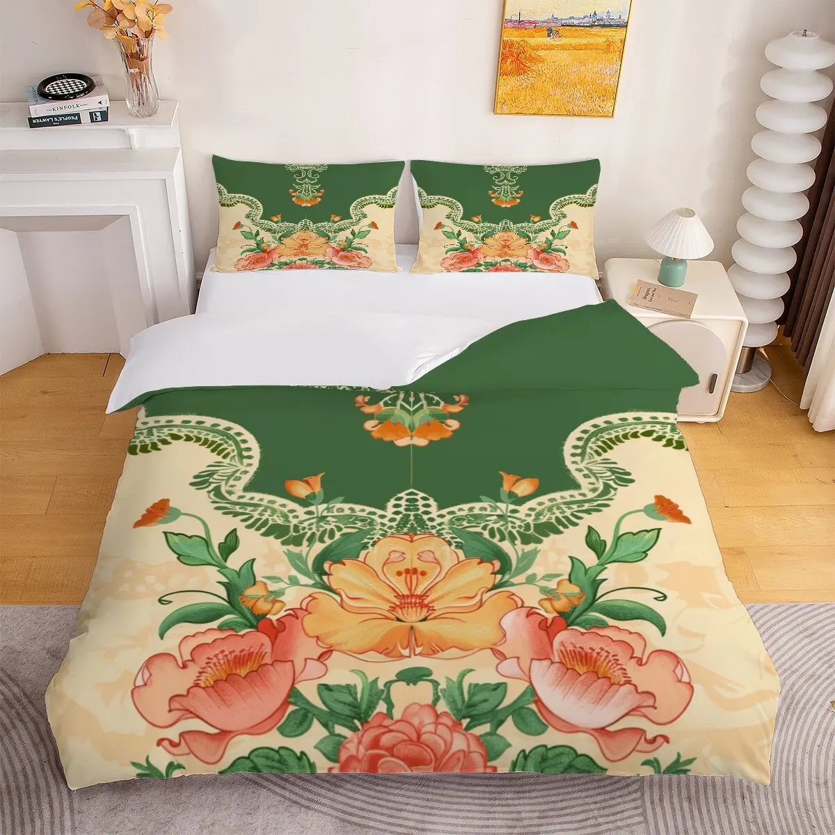 

Floral pattern Down comforter set, extra large size Green background Duvet cover set, 1 duvet cover and 2 pillowcases