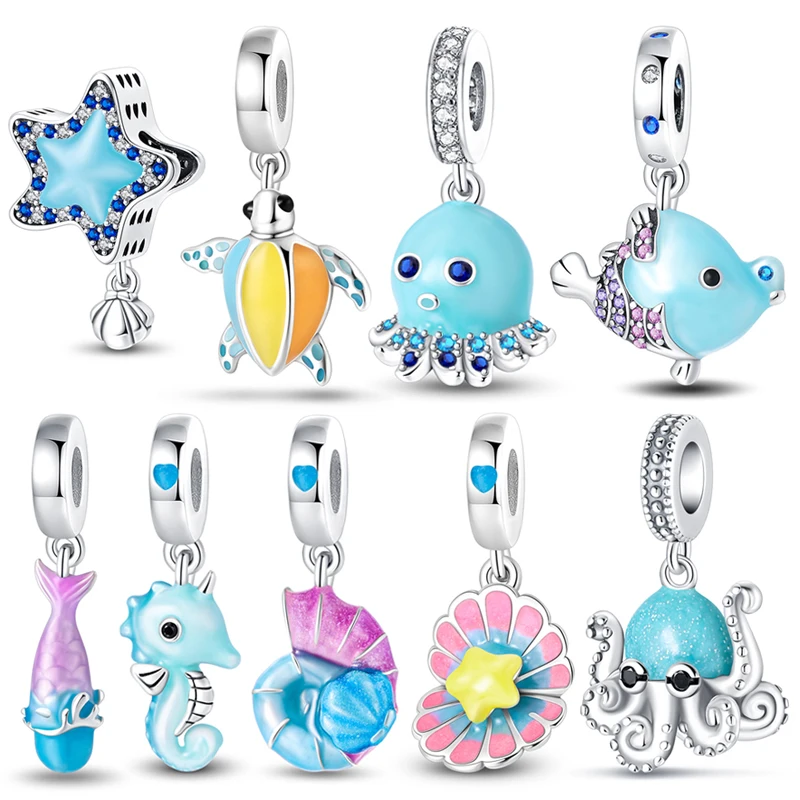 

New Women's Gift 925 Silver Ocean Series Octopus Conch Night Glow Beaded Fashion DIY Charm Bracelet Pendant Jewelry