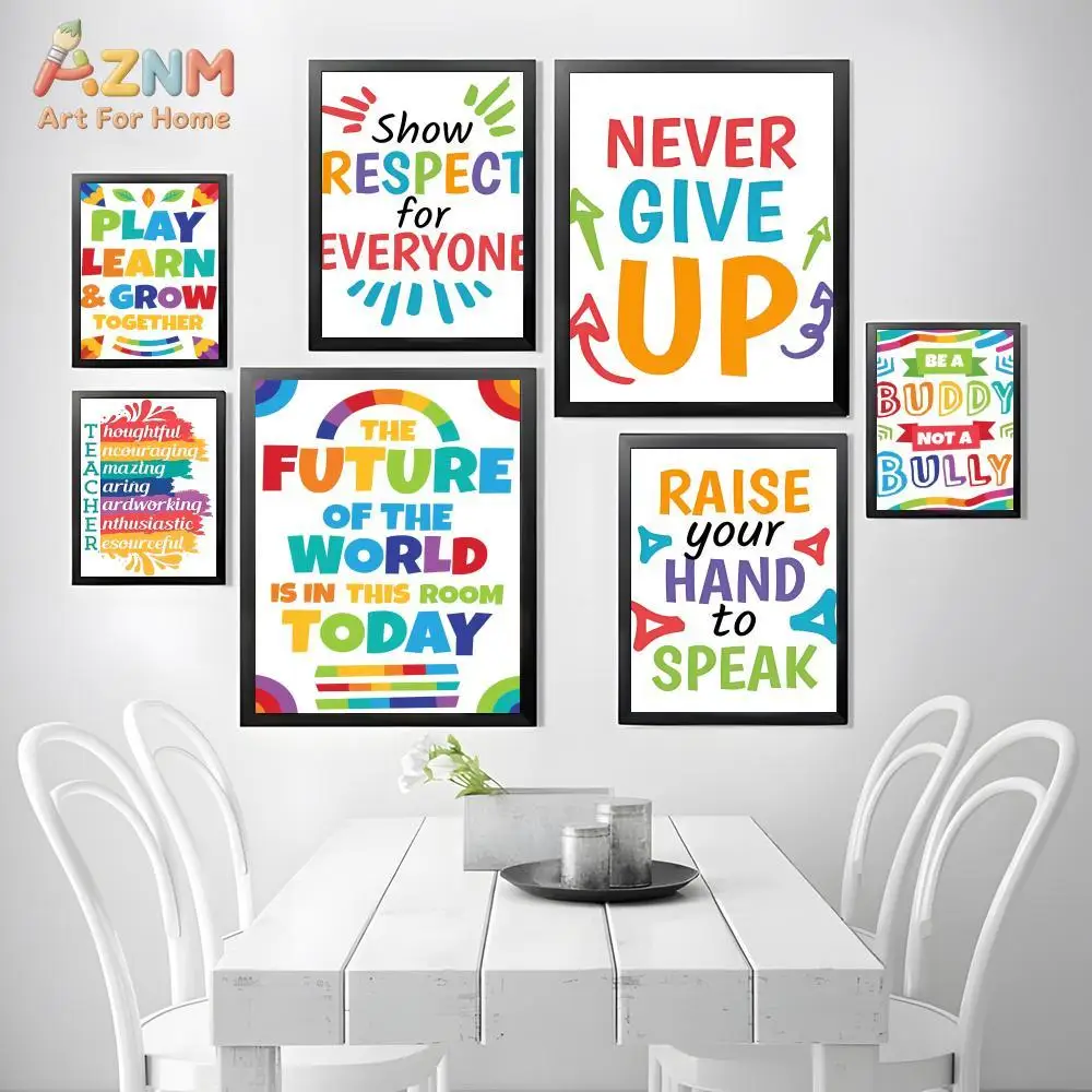 AZNM Colorful Positive Motivational Quote Canvas Print Kindness Classroom Rules Inspirational Text Unframed Canvas Wall Art Kids