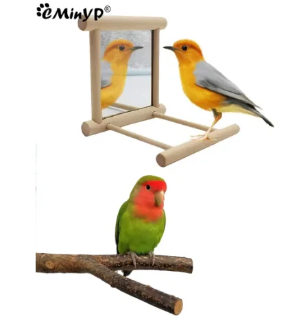 Bird Mirror Wooden Interactive Play Toy With Perch For Small Parrot Budgies Parakeet Cockatiel Conure Lovebird Cage Accessories