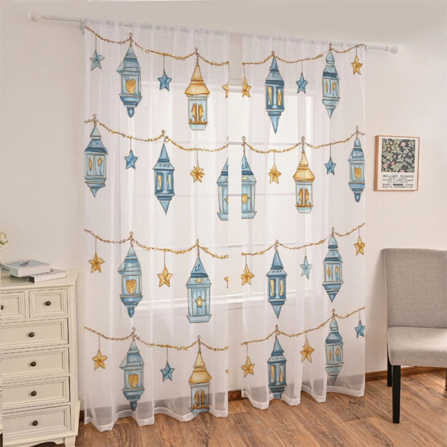 2 rideaux transparents à impression numérique, motif étoiles bleues et dorées, décoration de nuit céleste de luxe pour chambre à coucher, salon, décoration intérieure