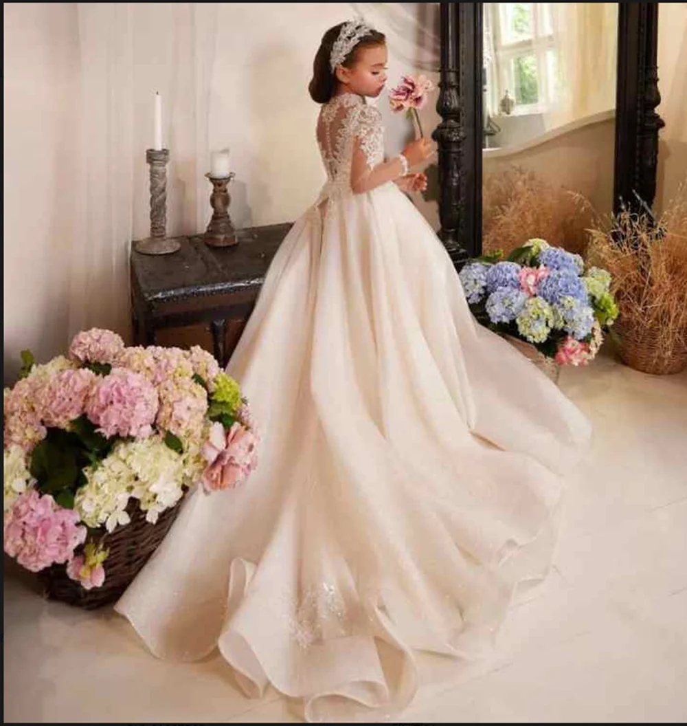 Abiti da ragazza di fiori per matrimoni Appliques di Tulle abito da ballo abiti da spettacolo per bambini abiti da prima comunione di compleanno