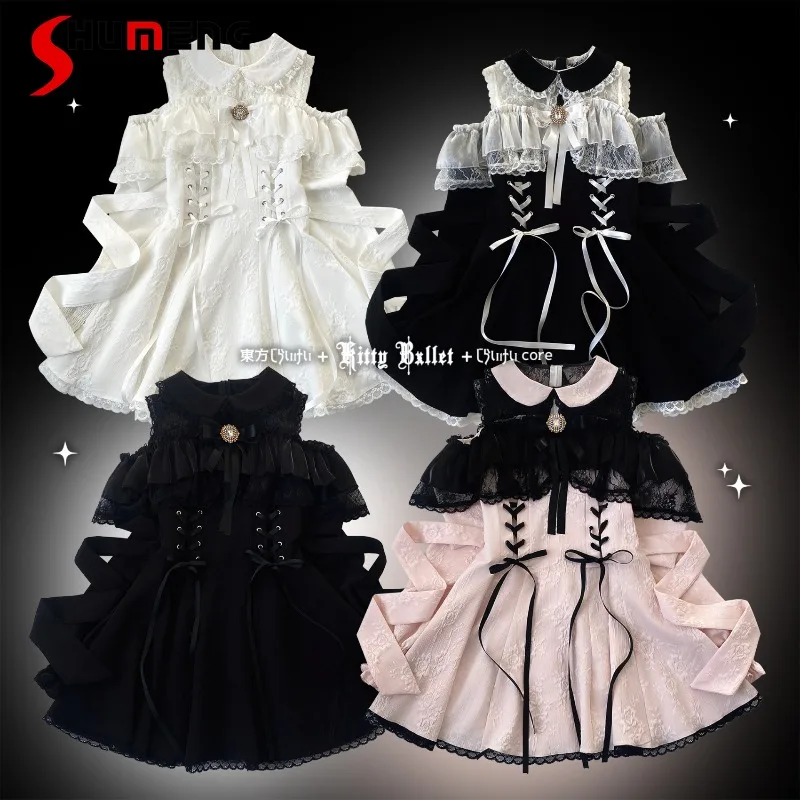 

Japanese Lolita Short Slim Fit Lace Off-Shoulder One-Shoulder Long Sleeves Dress Sweet Cute Design Dresses Kawaii Clothes Ladies