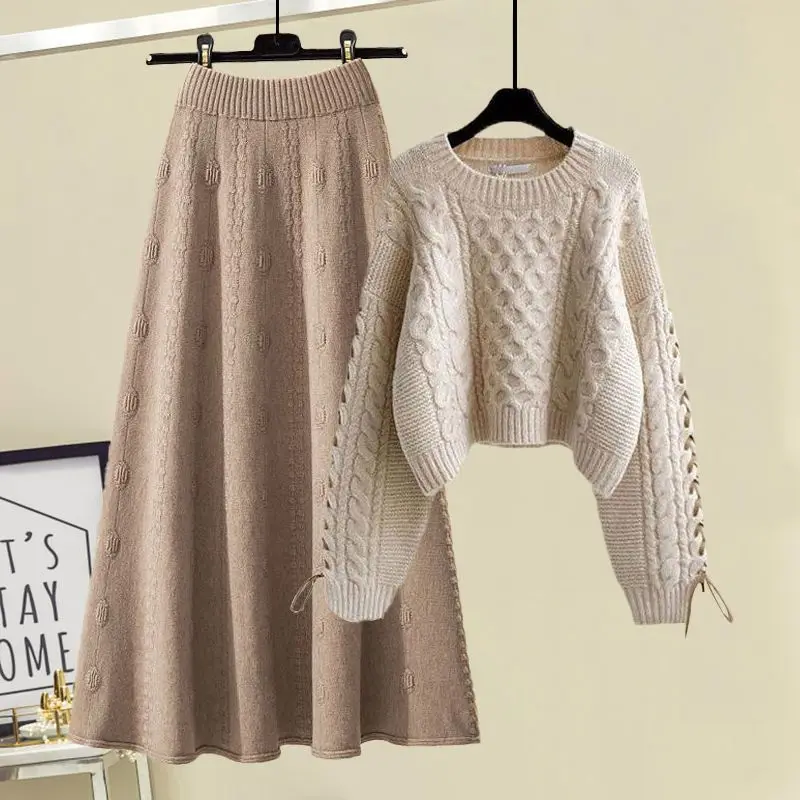 Outono e inverno conjunto feminino 2023 novo estilo coreano usar design sentir camisola de malha magro meia saia conjunto de duas peças