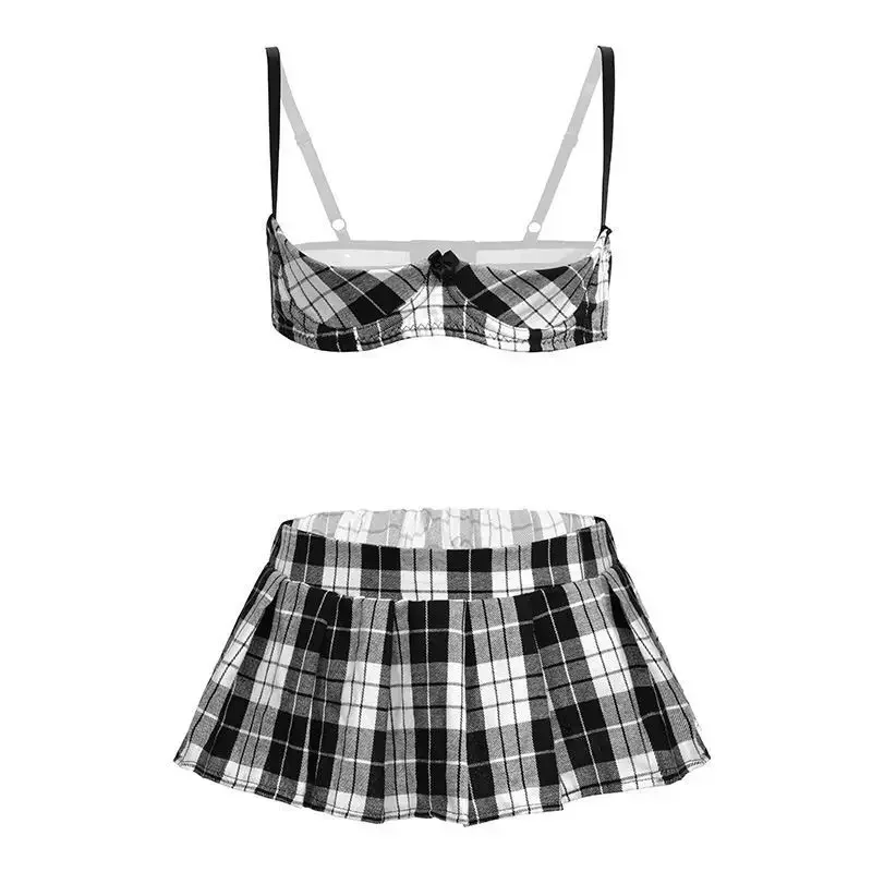 Lingerie sexy para garota da escola, uniforme estudantil, sutiã oco, terno de saia curta, pijama exótico, boate, roupa de cama para mulheres, JK