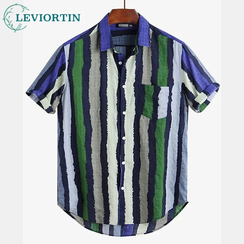 2025 Men's summer new color striped versatile fashionable short sleeved shirt, European and American beach comfortable shirt