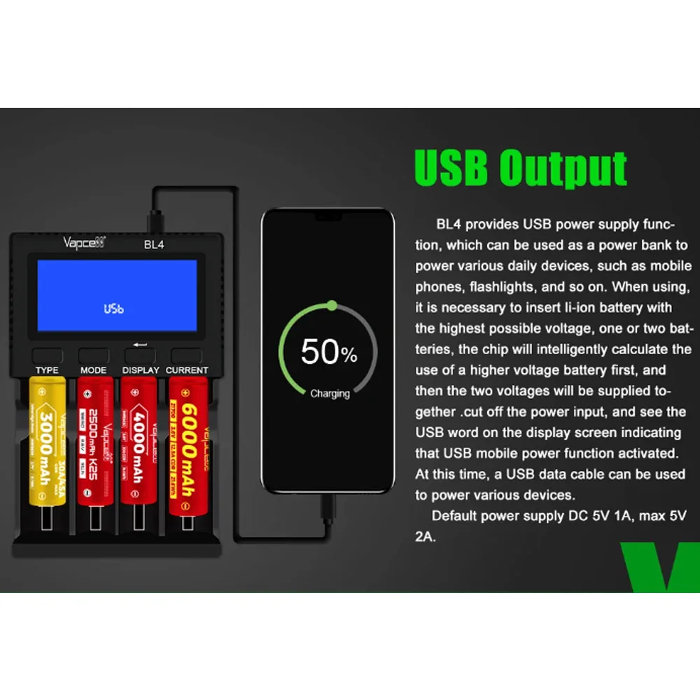 Оригинальное зарядное устройство Vapcell BL4, 4 слота, 9 В, 3 А, быстрая зарядка, 5 функций, порт Type-C для аккумулятора 18650 21700 18350 20700