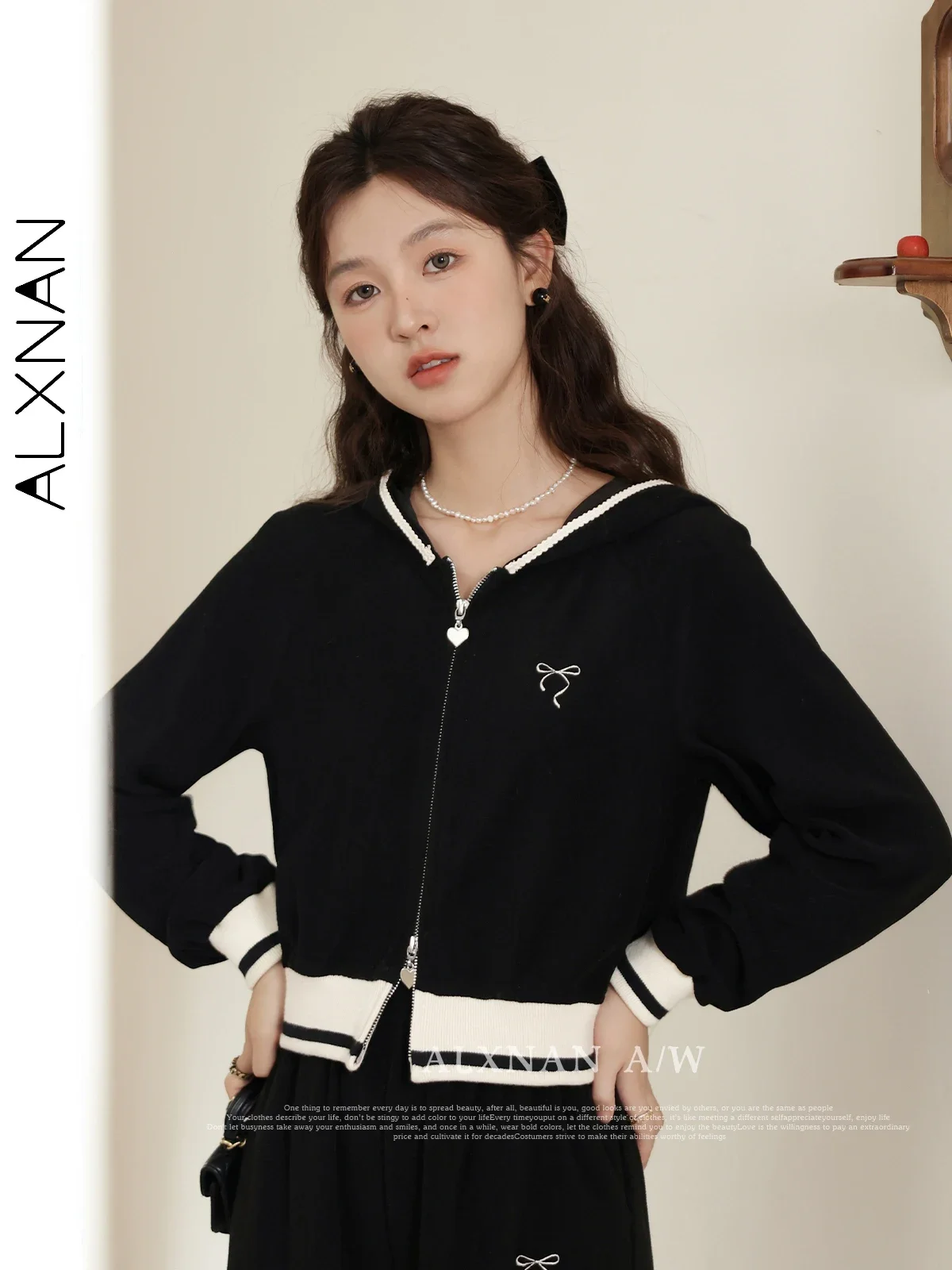 ALXNAN Cropped Hooded Full Zipper Coat Women 2024 Autumn Winter Casual Sports Long Sleeve Tops Jacket Woman Clothes LXN322108SY