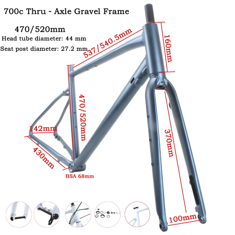 CONTREX 700C Gravel Bike Frameset 6061 Aluminum Thru-Axle Disc Brake Semi-Internal Cable 1x12/2x12 for Gravel/Road Custom