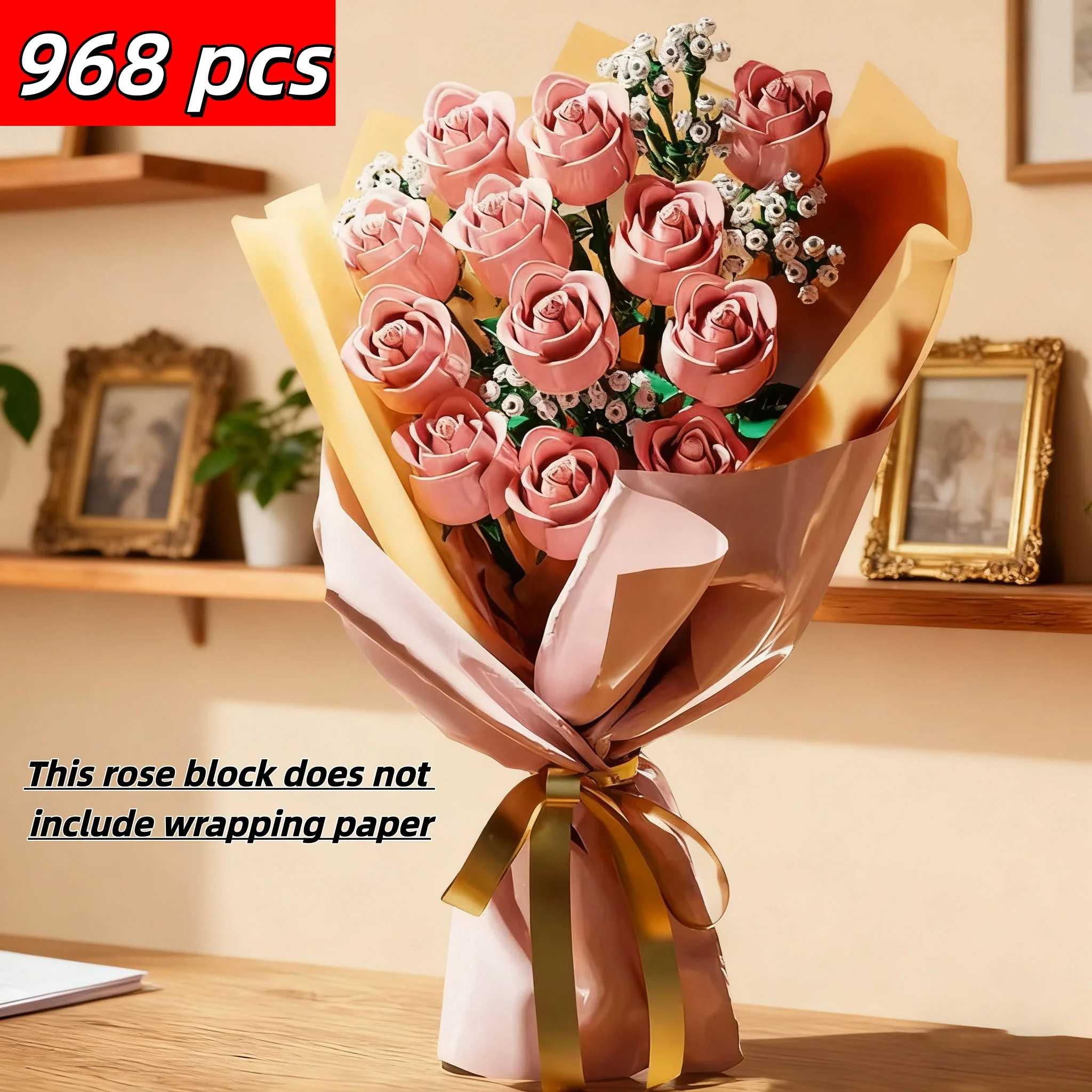 

Pink Rose Romantic Bouquet Building Blocks 968 Pieces Creative Plant Decoration Gifts for Girls Children Creative Building Block