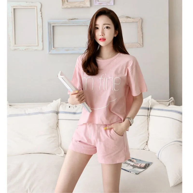 Gilrs Summer Two Pieces Short Pajamas Thin Sweet Cute Loose Short Sleeve Homewear With Letter Sports Casual O-neck Home Clothing