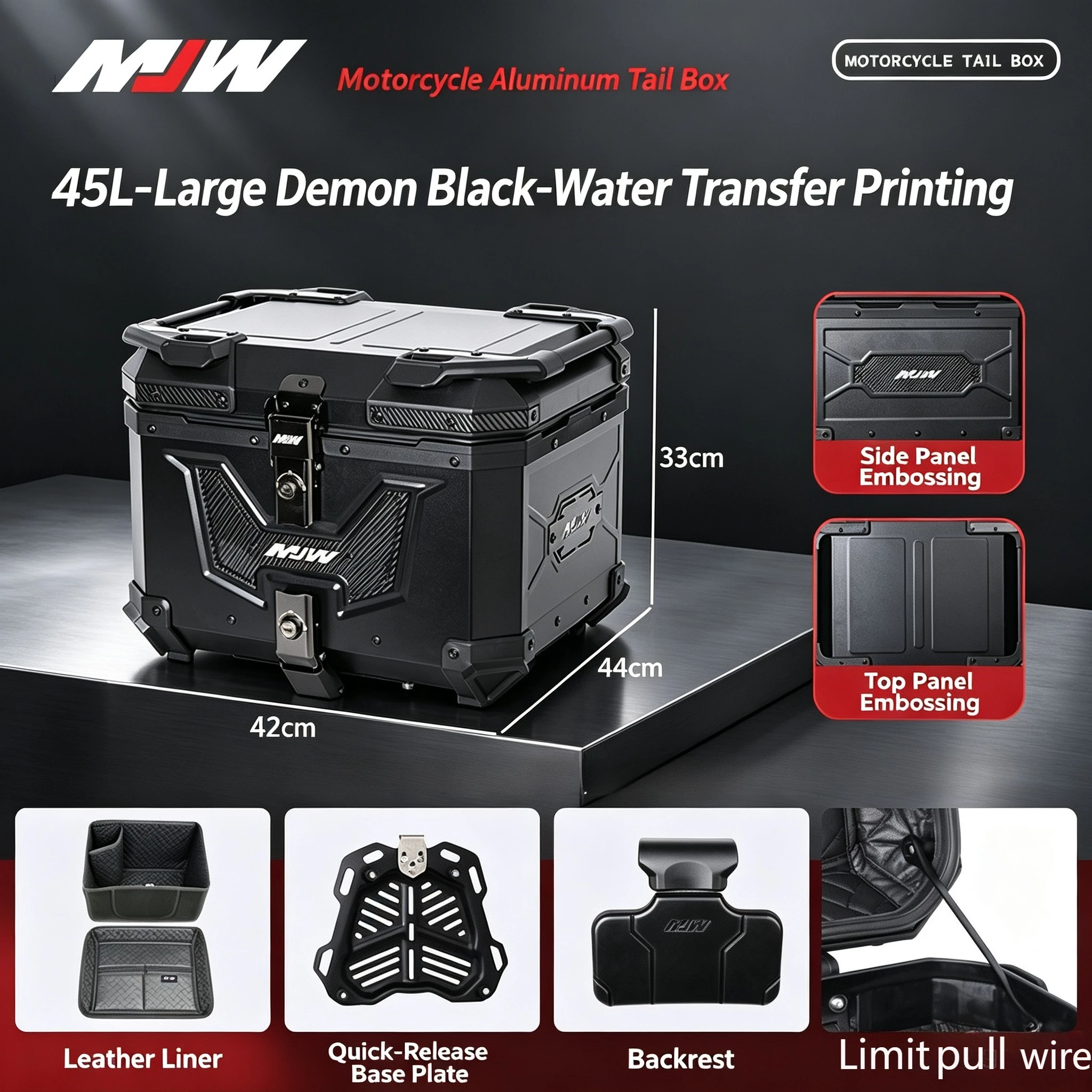 Motorcycle MJW Premium 45/55L Quick Release Aluminum Alloy Motorcycle Tail Box Waterproof Electric Scooter Rear Storage Trunk