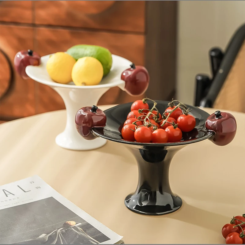 

Simple Apple Ceramic Stilt Fruit Plate Black Ceramic Fruit Salad Dessert Bowl Candy Nut Jewelry Storage Plate Home Ornaments New