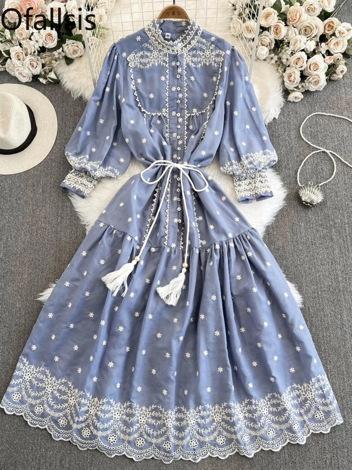 Ofallsis French Retro Court Style Stand Up Collar Embroidered Dress 2024 Women's Summer New Waist Slimming Mid Length Dresses