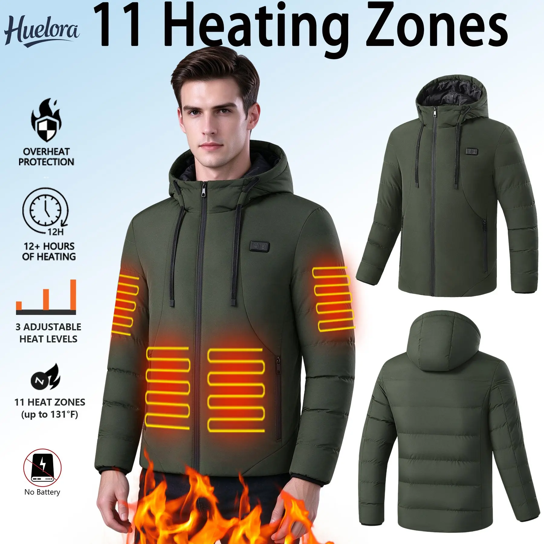 Huelora 11 Heating Zones Heated Jacket for Men Women Heated Puffer Coat with Arm & Back Heating 3 Heat Levels Electric Winter