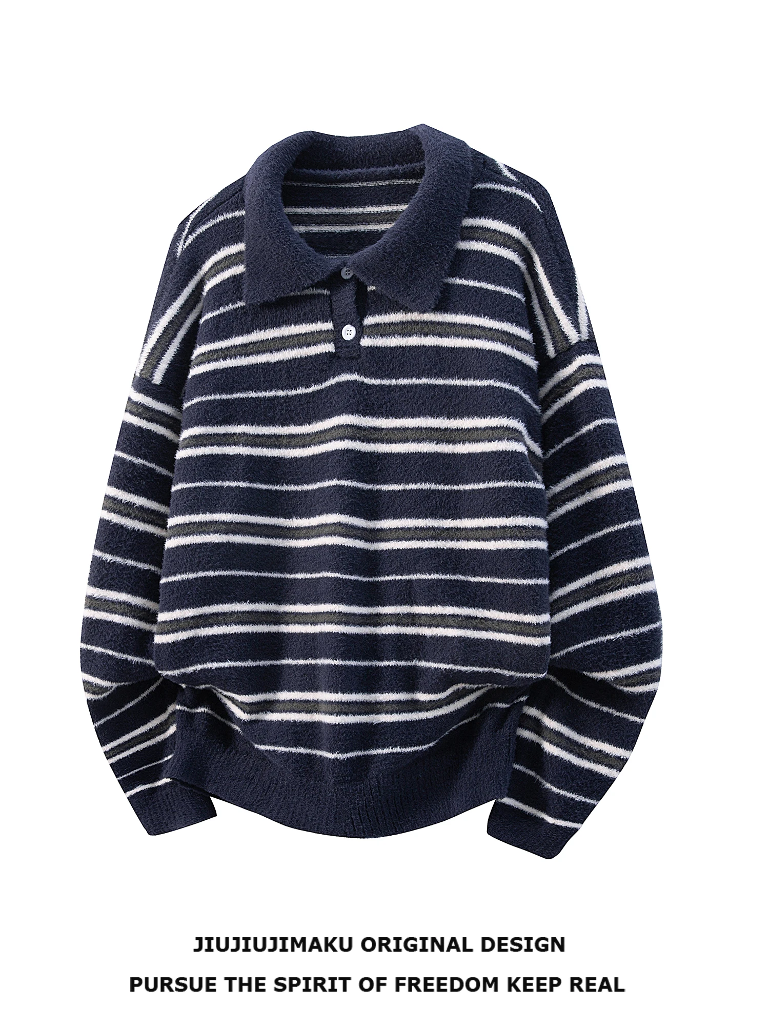 

Loose Fit Men's Sweater Long Sve Turn-down Collar Striped Knitted irt Comfortable Warm Casual Faion Autumn Winter