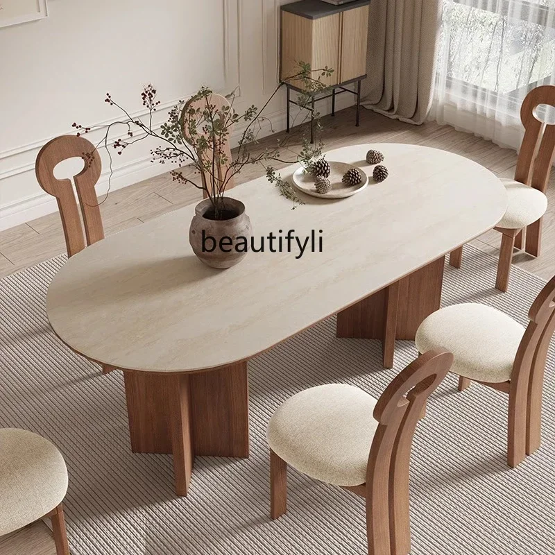 

Retro style solid wood size apartment travertine rock slab dining table, black walnut light French oval dining table and chairs