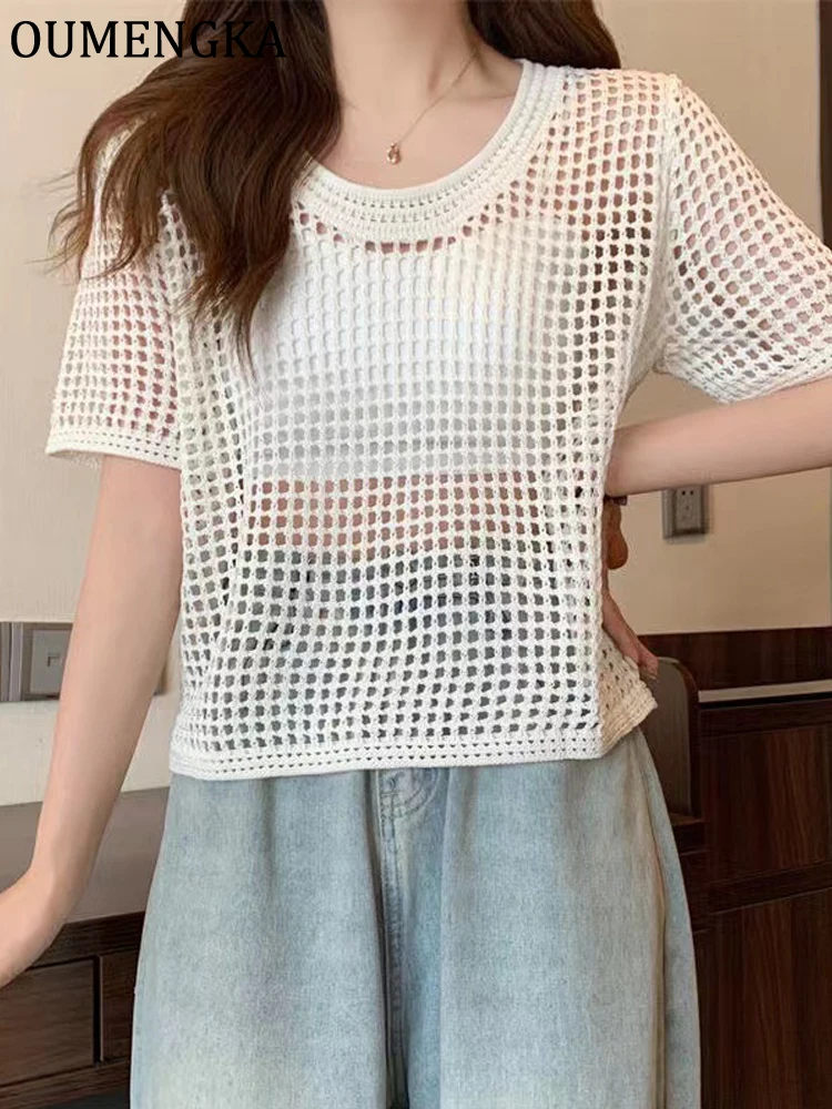 OUMENGKA Women's Loose Casual Solid Color Crop T-Shirt  Round Neck Hollow Out Short Sleeve Knitted Top For Summer