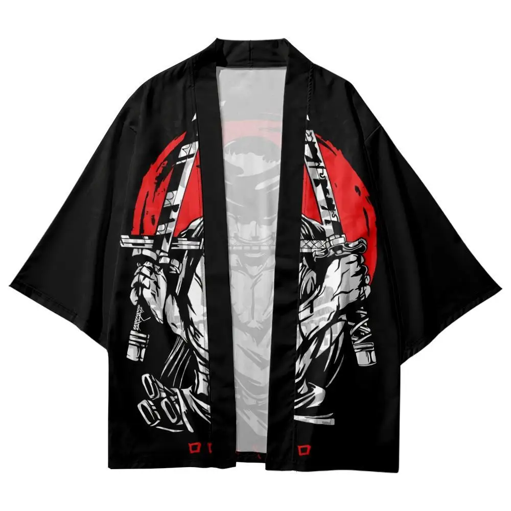 

Summer Men Women Looser Cardigan Japanese Cartoon Printed Black Kimono Beach Shorts Yukata Clothing Harajuku Haori