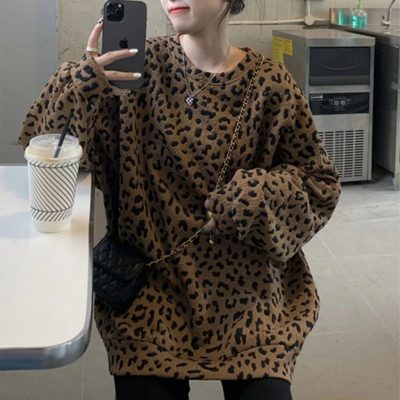 Women Vintage Fashion Leopard Print Streetwear Oversized Sweatshirt Y2K Harajuku Casual Hoodies O Neck Long Sleeve Pullover Tops