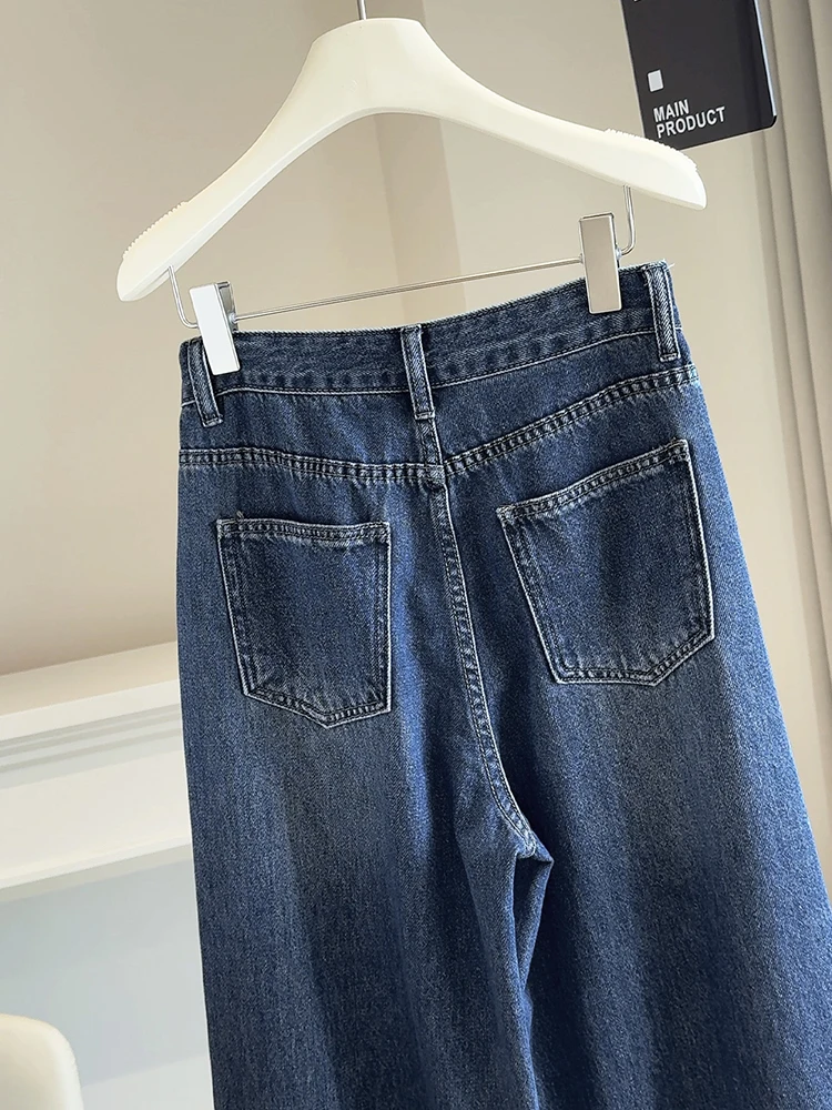 아메리칸 빈티지 블루 데님 바지 여성 가을 ​​하이 웨이스트 루즈 와이드 레그 팬츠 여성 캐주얼 발목 길이 청바지