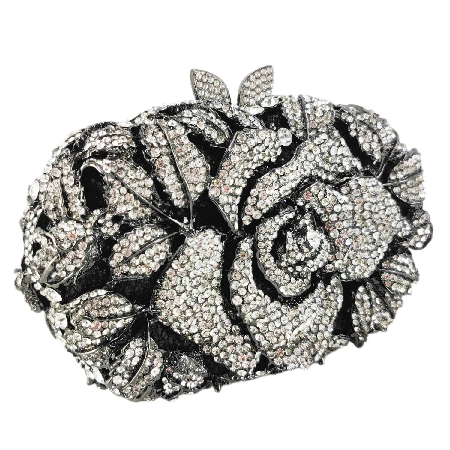 Boutique De FGG Black Flower Clutch Evening Bags for Women Formal Party Crystal Handbags Bride Diamond Minaudiere Purses Bag