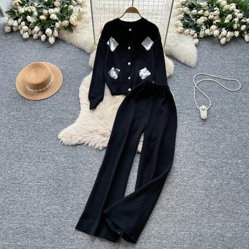 

ALPHALMODA 2025, Модный костюм, Тяжелая работа, Алмазные пайетки, Длинный рукав, Вязаный топ-кардиган, Высокая талия, Широкие брюки, Комплект