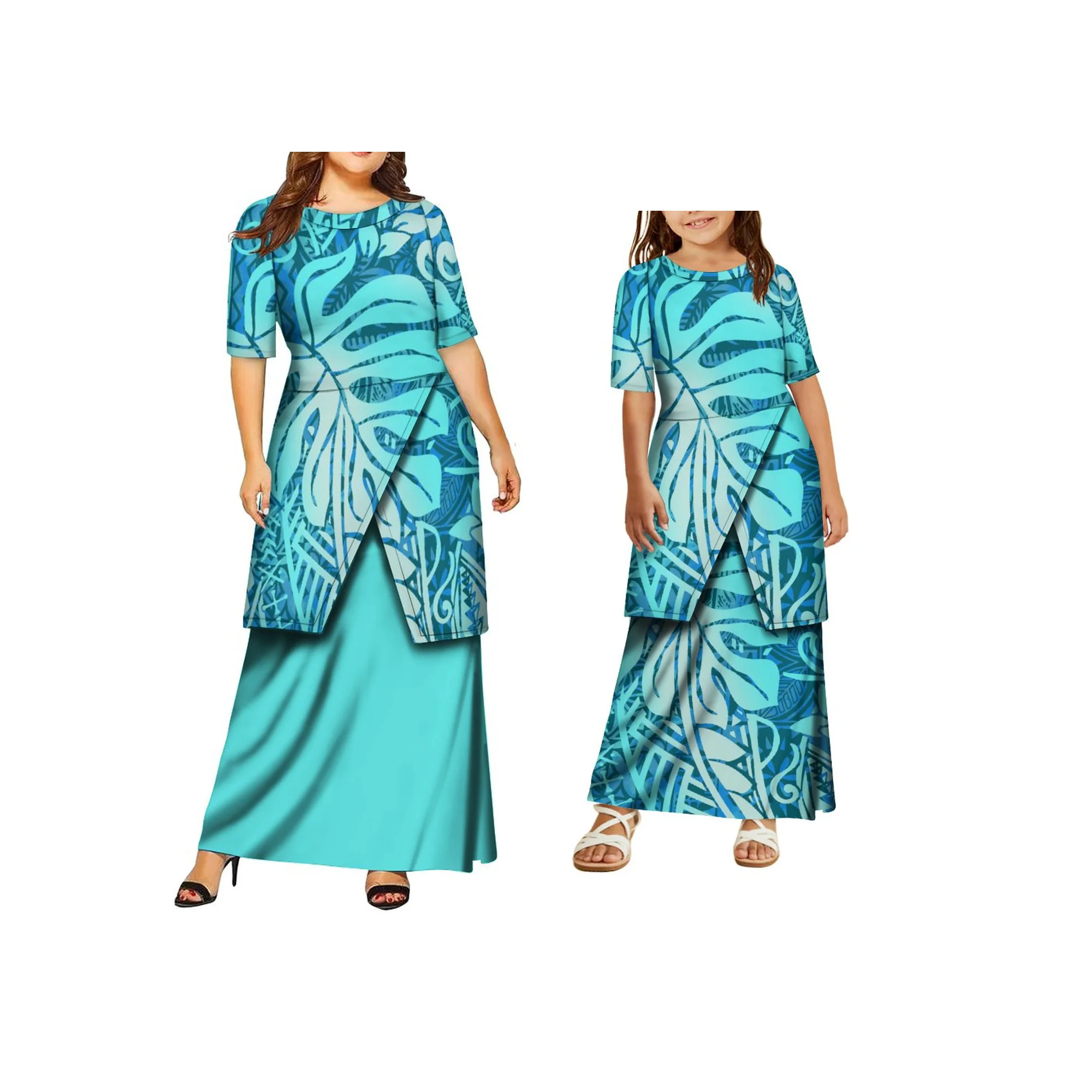 نمط جديد بولينيزيا القبلية طباعة تونغان Puletasi طاقم الرقبة الأم وابنتها ساموا المرأة 2 قطعة وتتسابق مجموعات فستان