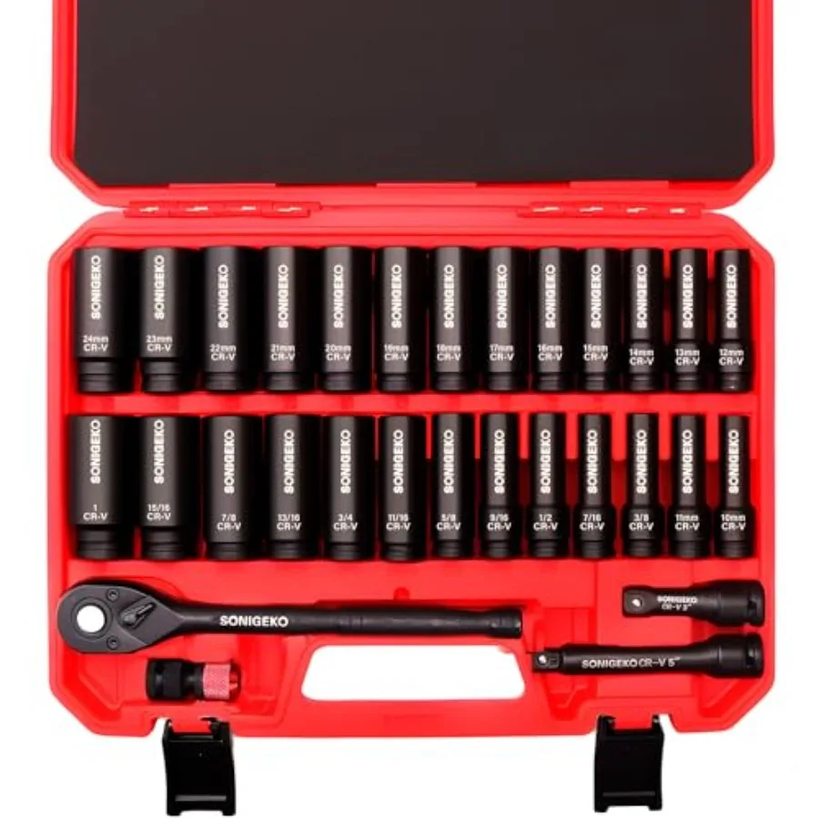 

30-Piece 1/2" Drive Impact Socket Set 6-Point Deep SAE and Metric CR-V Steel Sockets with 3" 5" Extension Bars Ratchet Wrench a