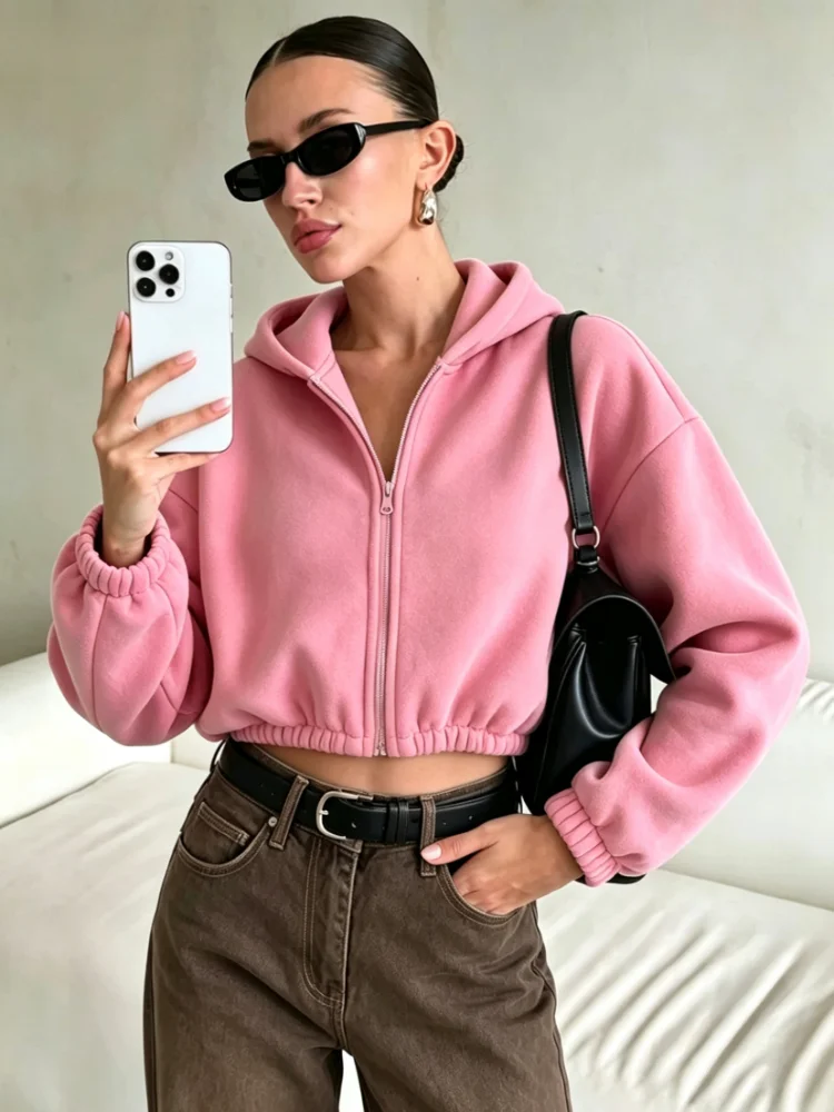 Spring Spring Autumn Women Y2K New Cropped Zip‑Up Hoodie Jacket, Solid Color Loose Sweatshirt, Elastic Hem Long Sleeve Hooded Coat - Aliexpress Deal