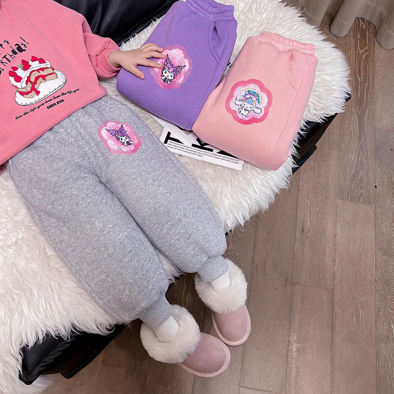 Girl Sanrios Cotton Pants Kuromi Winter Anime New Plus Velvet Sequins Child Clothing Kawaii Cartoon Wear Outside Sweatpants