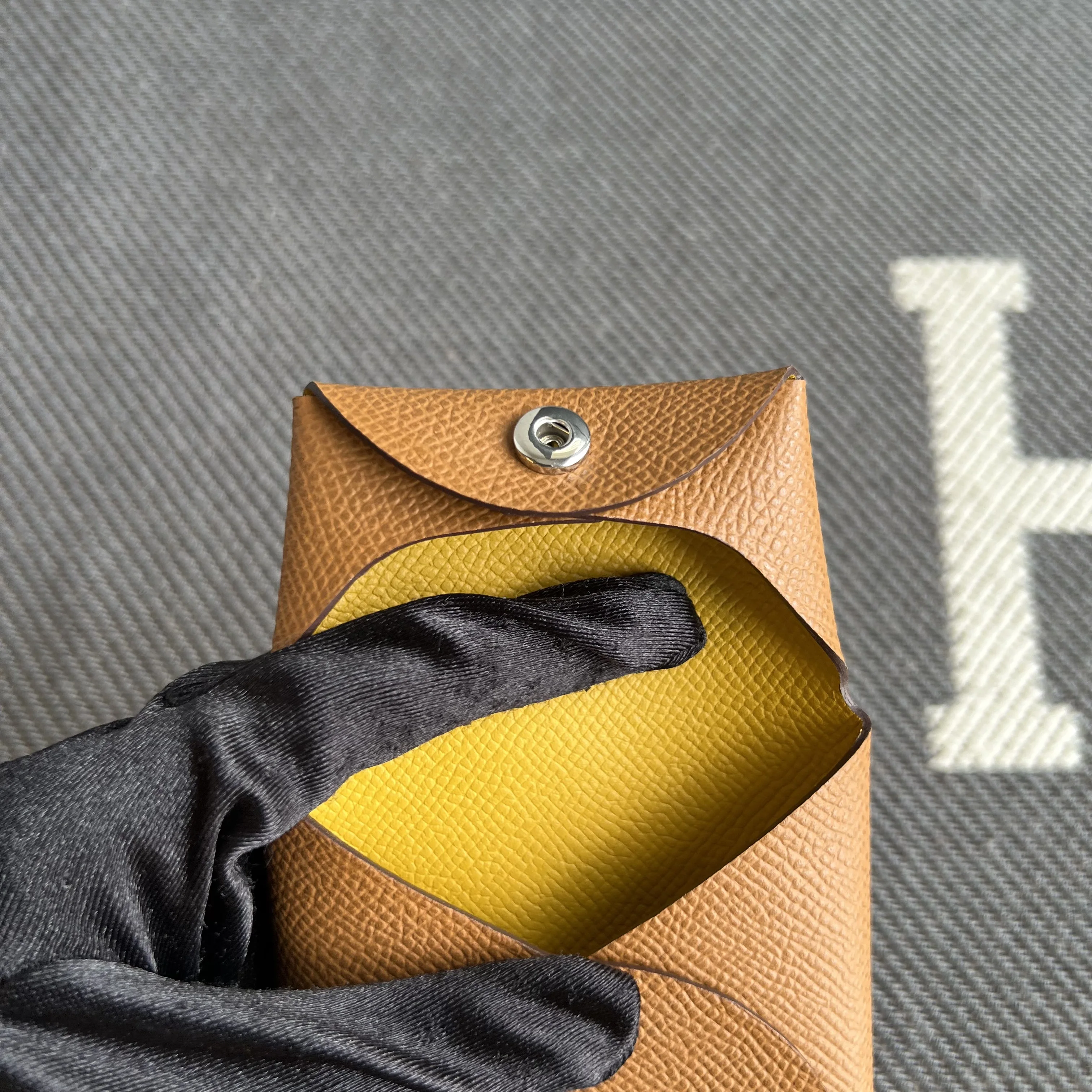 100% Genuine Cowhide Leather Yellow Card Holder Small Square Coin Purse Button Closure Document Pouch Student Functional Bag