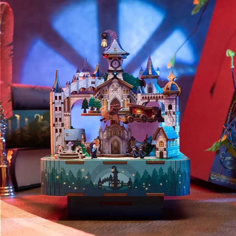 L Magic castle design wooden music box puzzle gift DIY children's music box