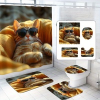 4-piece cute cat shower set - orange cat design with 12 hooks, non-slip mat and toilet seat, modern bathroom decor
