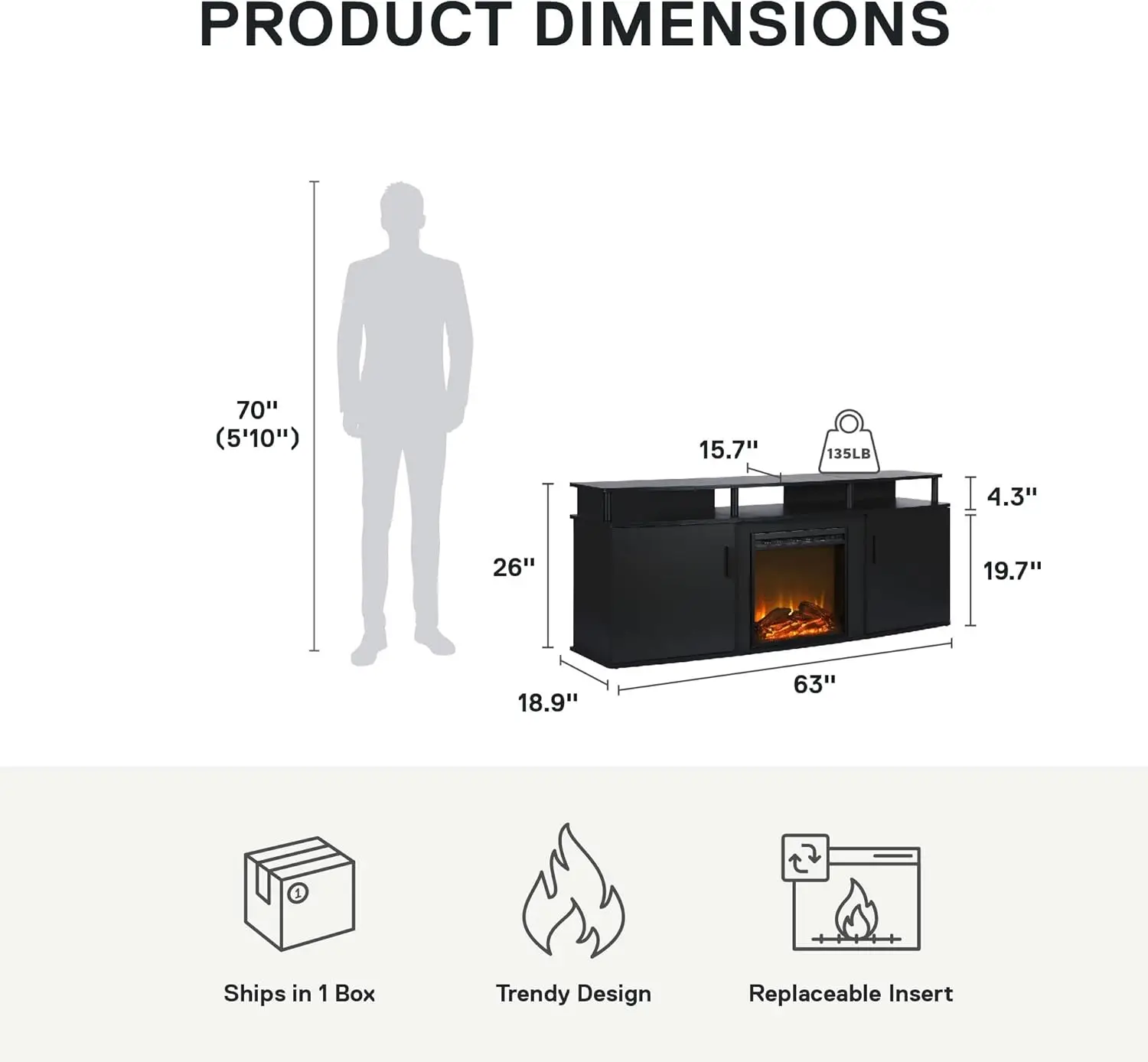 Fireplace TV Stand for TVs up to 70 Inch, Replaceable Electric Fireplace Insert Heater, Realistic Log