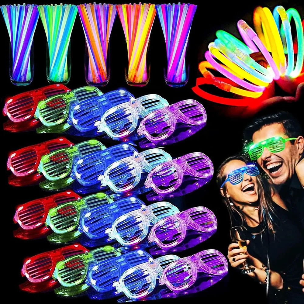 136Pack Glow in The Dark Light Up Party Favor Supply 100 Glow Sticks and 36 Shutter Led Glasses Glow Accessories for Kids Adult