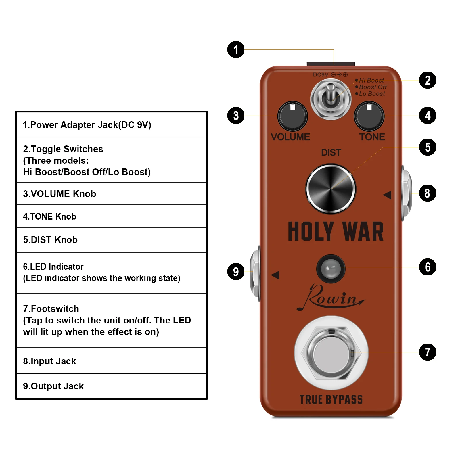 Rowin Electric Guitar Holy War Pedal Distortion Analog  Heavy Metal 80\'s Dist Effector Boost Effects True Bypass LEF-305