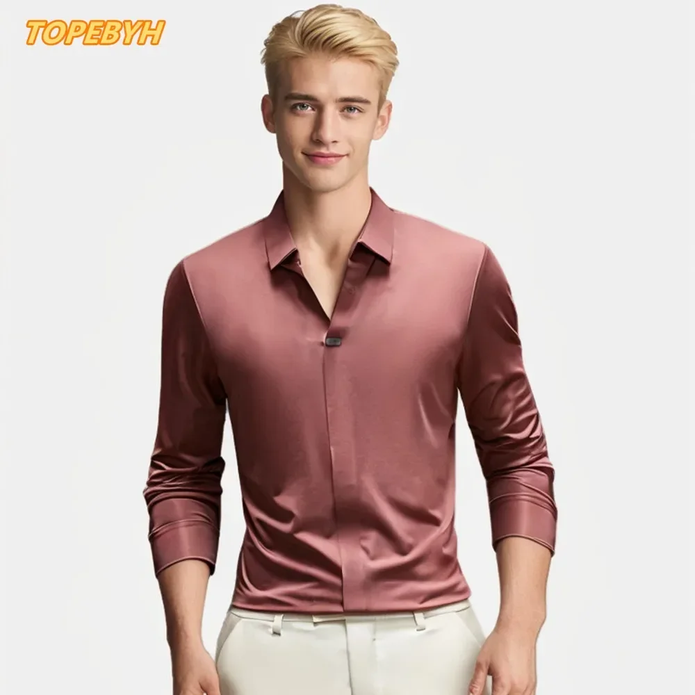 High Quality Traceless Process Men's Seamless Scissor Collar Shirt Without Pilling or Fading  Versatile Men's Hide Button Shirt