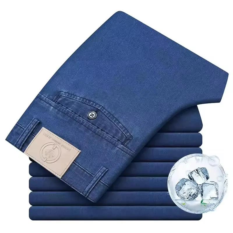 Classic Men's High Waist Cotton Jeans Summer Thin Fitted Straight Business Casual Denim Work Trousers Blue Gray
