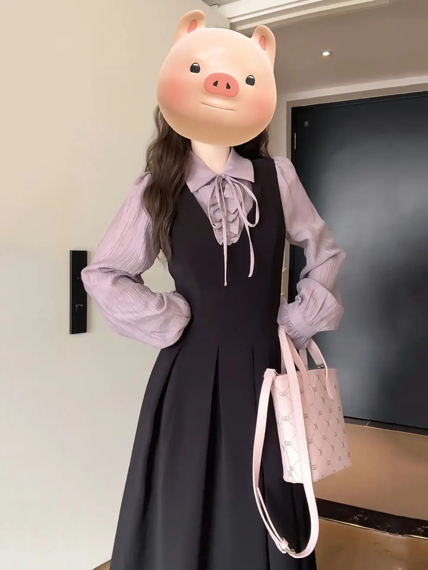 Slimming Waist  Collar Long Dress Women's First Love Date Tea Break Skirt A-Line Silhouette Ins Style Spring Autumn New A...