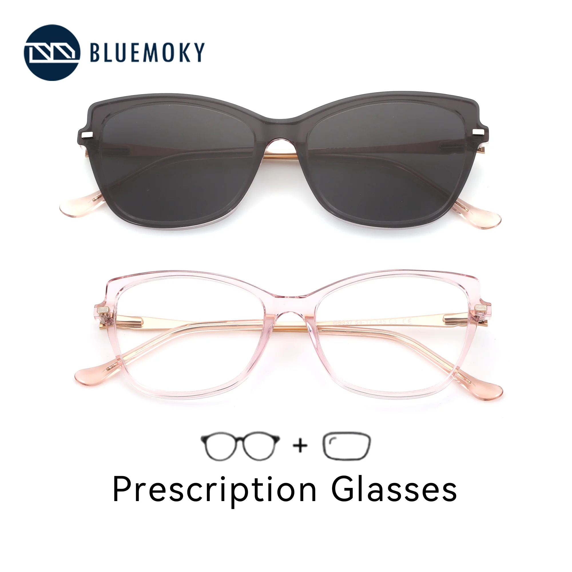 BLUEMOKY M Size Secure Fit Clip On Prescription Glasses for Women Butterfly Acetate Frame Strong Magnetic Hold Comfortable Wear