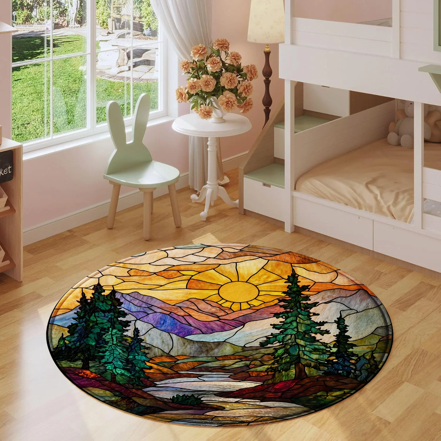 Nature Stained Glass Mountain Forest Sun Stream Pattern Holiday Luxury Round Mat Elegant Area Rug Home Decor