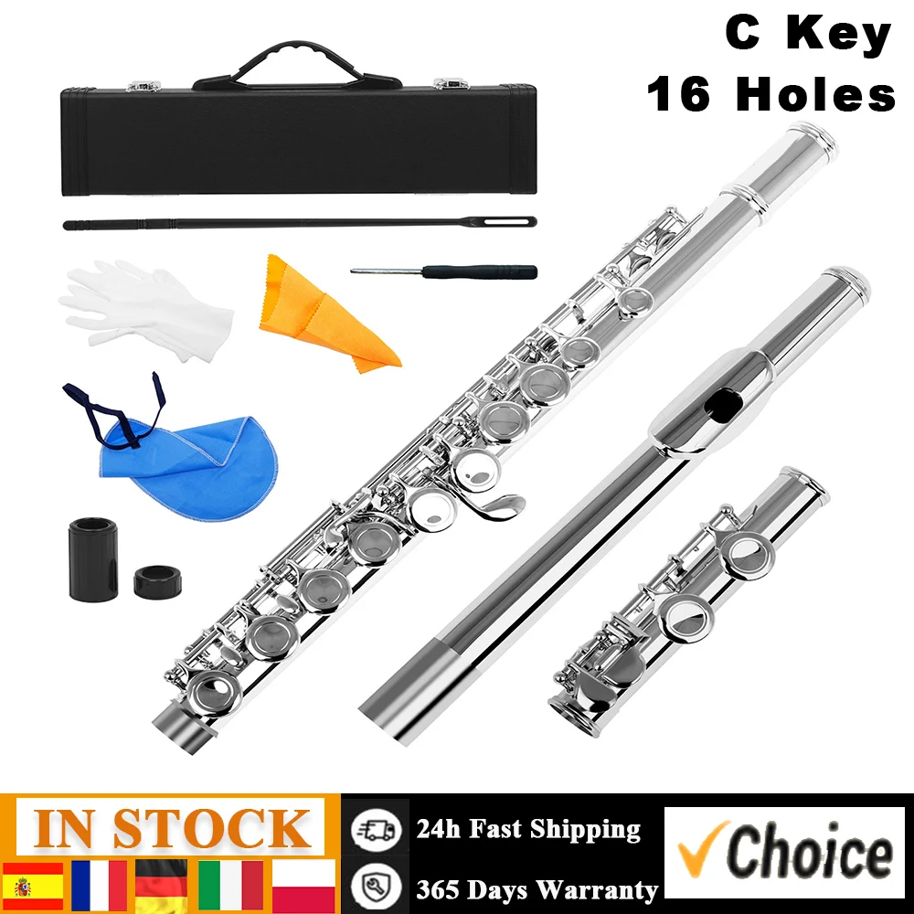 Western Concert Flute Cupronickel Nicke Plated 16 Holes C Key Woodwind Instrument with Cleaning Cloth Stick Gloves