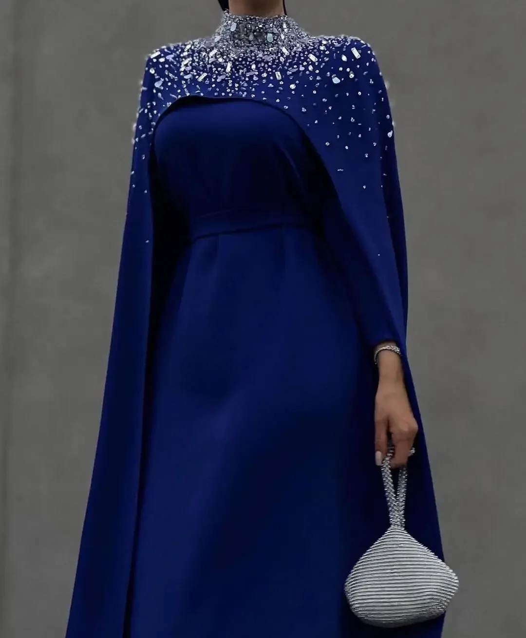 Royal Blue Long Sleeves Prom Dresses with High Neck Beadings Jacket Jewel Party Gowns Ankle Length Saudi Arabia Evening Dress