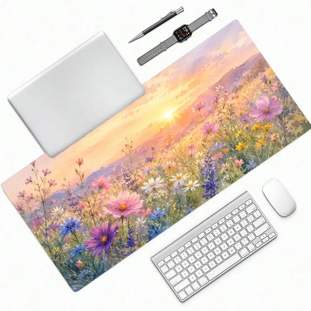 Soft Watercolor Cosmos Wildflower Sunset Valley Big Anti-Slip Extended Gaming Mouse Pad Floral Desk Keyboard Mat