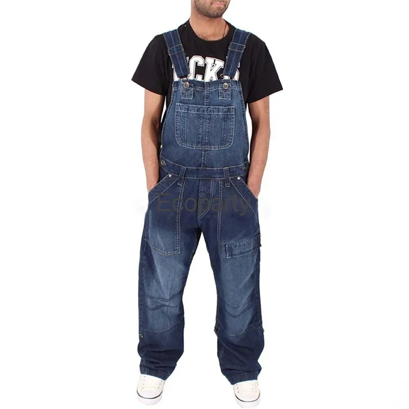 5xl Men\'s Fashion Jeans Plus Size Casual Overalls Suspenders Jumpsuit Man Loose Work Pants Male Multi Pocket Loose Trousers