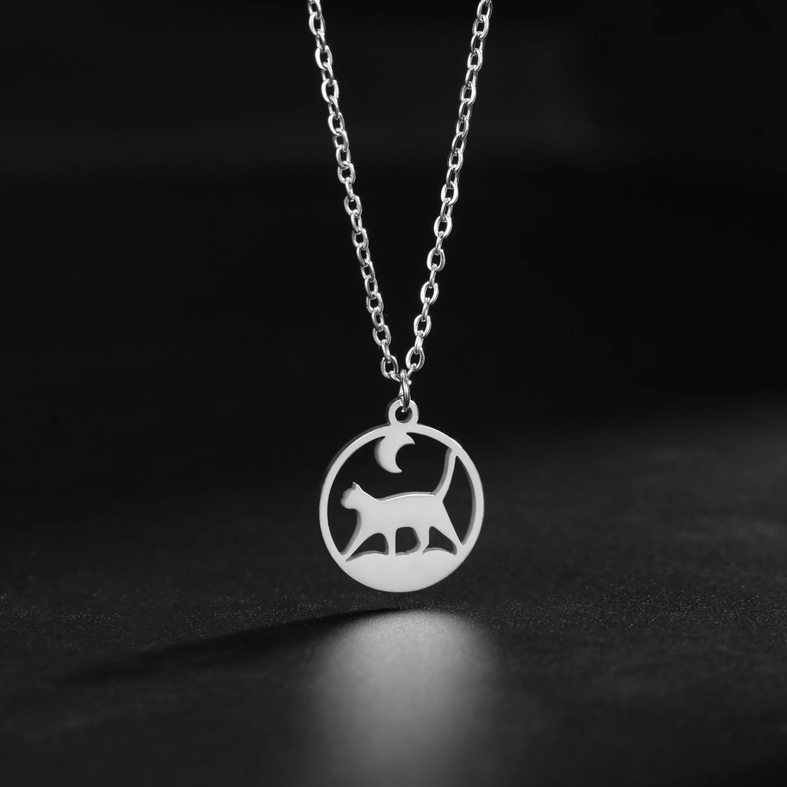 Dreamtimes Cat Pendant Necklace Under the Moon, Stainless Steel, Lovely Animal Lover Jewelry Gift for Women