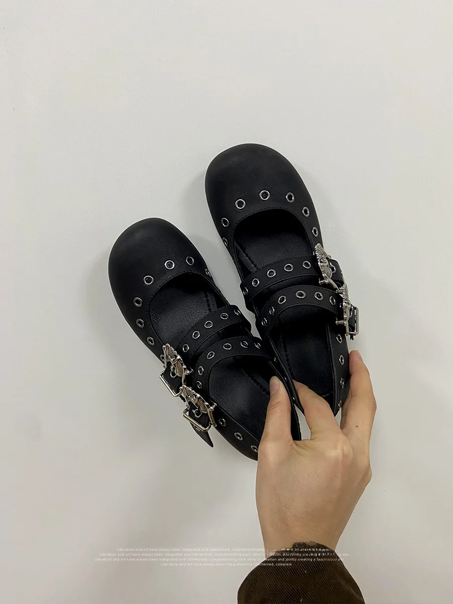 swallowtail-flower-secret-garden-punk-style-rivet-mary-jane-flat-shoes-women's-double-buckle-ballet-shoe-single-shoe