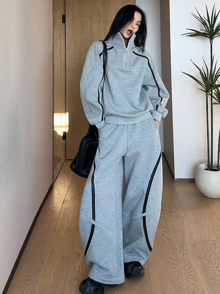 

European And American Stand Up Collar Sweatshirt Sports Suit Women'S Autumn And Winter Fashion Casual Loose Two-Piece Set